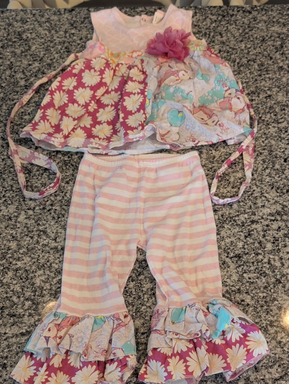 Girls Pink Floral & Stripe Matching Set with Ruffle Pants